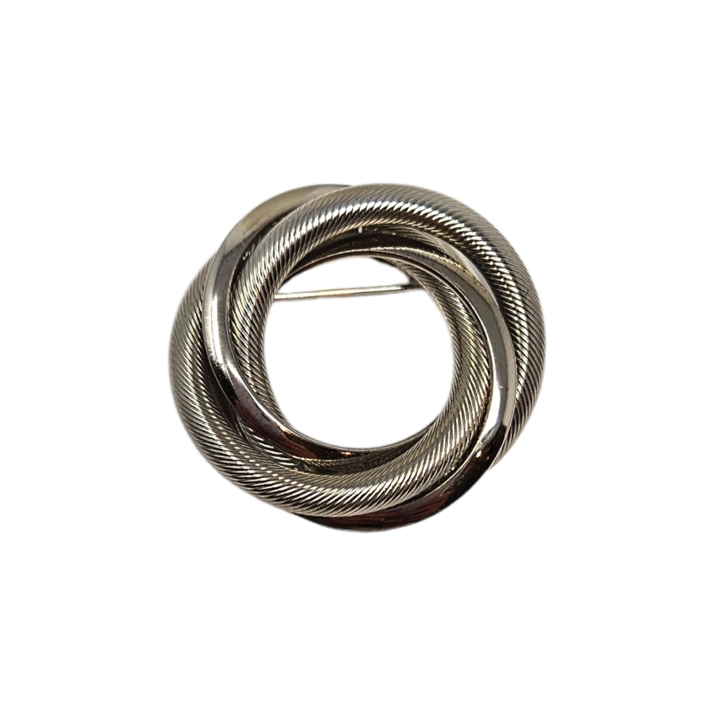 Silver Tone Intertwining Circle Pin Brooch Texured